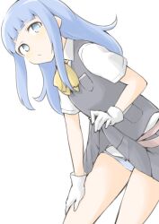 1girl :/ akara_kai black_vest blue_eyes blue_hair blue_panties blunt_bangs blush bow bowtie clothes_lift cowboy_shot gloves grey_vest hatsukaze_(kancolle) highres hime_cut kantai_collection long_hair looking_at_viewer neckerchief one-hour_drawing_challenge panties pleated_skirt school_uniform shirt simple_background skirt skirt_lift underwear vest white_background white_gloves white_shirt yellow_bow yellow_bowtie yellow_neckerchief