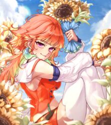 Rule 34 | 1girl, absurdres, arms on knees, blue sky, blurry, blurry foreground, bouquet, breasts, closed mouth, cloud, colored inner hair, commentary, day, detached sleeves, english commentary, feathers, field, flower, flower field, gaecho 123, gradient hair, green feathers, green hair, hair flaps, highres, holding, holding bouquet, hololive, hololive english, knees up, long hair, long sleeves, looking at viewer, medium breasts, midriff, miniskirt, multicolored hair, orange hair, orange skirt, orange vest, outdoors, purple eyes, ribbed sleeves, sitting, skirt, sky, smile, solo, sunflower, takanashi kiara, takanashi kiara (1st costume), thighhighs, vest, virtual youtuber, white thighhighs