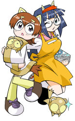 2girls :&gt; aina_(toranoana) animal animal_ear_headband animal_ears apron aqua_eyes black_eyes black_outline blue_hair blunt_bangs book book_stack breasts brown_collar brown_footwear brown_fur brown_tail brown_trim collar collared_dress collared_shirt colored_sclera contrast_collar cross cross_necklace cub dress fake_animal_ears flipped_hair full_body glasses glasses_kauberu_kotora hair_ornament hairclip headband holding holding_animal holding_book holding_manga jewelry kauberu_kotora kneehighs knees_together_feet_apart large_breasts latin_cross legs_together light_brown_hair long_hair looking_at_another looking_at_viewer manga_(object) mukku_(mook-tv) multiple_girls necklace official_art one_eye_closed open_mouth orange_apron outline pink_sailor_collar purple_eyes red_headband rimless_eyewear round_eyewear sailor_collar second-party_source semi-rimless_eyewear shirt shoes short_hair sidelocks simple_background small_pupils smilo_(toranoana) sneakers socks sparkle straight_hair striped_collar thighhighs tiger tiger_ears tongue tora_da_yo. toranoana turtleneck turtleneck_dress under-rim_eyewear very_long_hair white-framed_eyewear white_background white_dress white_footwear white_shirt white_sleeves white_socks yellow_sclera yellow_thighhighs