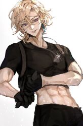 1boy abs aventurine_(honkai:_star_rail) black_gloves black_pants black_shirt blonde_hair clothes_lift collarbone commentary crew_neck dog_tags dutch_angle earrings eyewear_on_head gloves hair_between_eyes highres honkai:_star_rail honkai_(series) jewelry lifting_own_clothes male_focus medium_hair midriff navel pants parted_lips piercing pink_eyes shirt shirt_lift short_sleeves simple_background single_earring smile solo sparkle teeth toned toned_male white_background xo_5ss