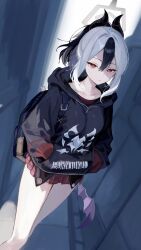 1girl absurdres backpack bag black_bag black_hair black_hoodie black_horns blue_archive closed_mouth collarbone commentary_request demon_horns dutch_angle hair_between_eyes hallway halo hands_in_pockets highres hood hood_down hoodie horns kayoko_(blue_archive) long_sleeves looking_at_viewer miniskirt mole mole_on_neck multicolored_hair plaid_clothes plaid_skirt pleated_skirt ponytail red_eyes red_skirt single_wing skirt solo sui_yamami two-tone_hair walking white_hair wings