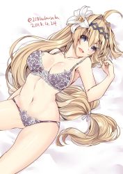 1girl 218 ahoge bare_shoulders blonde_hair blush breasts collarbone dated detached_sleeves female_focus flower granblue_fantasy groin hair_flower hair_intakes hair_ornament hairband jeanne_d&#039;arc_(granblue_fantasy) large_breasts lingerie long_hair lying navel open_mouth solo twitter_username underwear underwear_only
