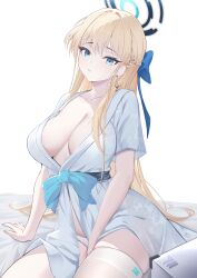 1girl 1nstill absurdres arm_between_legs arm_support bed bed_sheet blonde_hair blue_archive blue_eyes blue_halo blue_streaks bow braid breasts cleavage commentary_request diamond_earrings earrings hair_bow halo highres jewelry large_breasts long_hair looking_at_viewer millennium_science_school_logo multicolored_hair on_bed open_clothes open_robe panties robe side_braid sidelocks simple_background sitting skindentation solo streaked_hair toki_(blue_archive) underwear very_long_hair white_background white_panties white_robe