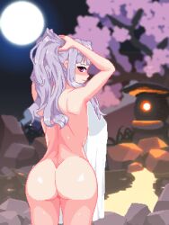 1girl armpits arms_up ass back blush breasts bunching_hair cherry_blossoms covering_privates cowboy_shot from_behind full_moon grey_hair hand_in_own_hair hands_in_hair highres holding holding_own_hair hothot148 idolmaster idolmaster_(classic) large_breasts long_hair looking_at_viewer looking_back moon naked_towel night night_sky nude nude_cover onsen outdoors pixel_art ponytail purple_eyes rock shijou_takane sideboob sky solo towel tree water