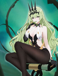 1girl absurdres asymmetrical_gloves black_gloves black_pantyhose black_tiara breasts cleavage commentary_request earrings elbow_gloves gloves green_background green_hair highres honkai_(series) honkai_impact_3rd jewelry large_breasts long_hair mobius_(honkai_impact) pantyhose parted_lips piaoyao revealing_clothes sitting sitting_on_object slit_pupils solo tiara uneven_gloves very_long_hair