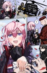1boy 4girls ? aircraft ar-15 assault_rifle belt beret black_hair black_shorts blonde_hair carbine colt_9mm_smg commander_(girls&#039;_frontline) crying crying_with_eyes_open dandelion_(girls&#039;_frontline) dual_wielding engagement_ring falling_petals girls&#039;_frontline gloves griffin_&amp;_kryuger_military_uniform gun hair_between_eyes hat helicopter holding jamie_leano jewelry landing leaf m4_sopmod_ii_(girls&#039;_frontline) m4_sopmod_ii_(mod3)_(girls&#039;_frontline) marriage_proposal military military_hat military_uniform mod3_(girls&#039;_frontline) multicolored_hair multiple_girls o_o ornate_ring outdoors over-kneehighs petals pink_hair purple_eyes red_eyes rifle ring ro635_(girls&#039;_frontline) ro635_(mod3)_(girls&#039;_frontline) shorts sleeveless smile spoken_question_mark st_ar-15_(girls&#039;_frontline) st_ar-15_(mod3)_(girls&#039;_frontline) streaked_hair submachine_gun sweater tears thighhighs thighs uh-60_blackhawk weapon wedding_band wind |_|