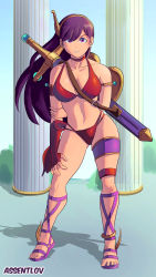 1girl absurdres arm_behind_back assentlov athena_(series) bikini breasts cleavage feet fingerless_gloves gloves highres large_breasts looking_at_viewer navel princess_athena psycho_soldier purple_eyes purple_hair shield smile snk solo swimsuit thighs weapon