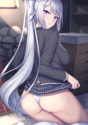 1girl absurdres ass ball black_jacket blazer breasts closed_mouth clothes_lift commentary_request from_behind grey_hair grey_skirt gym_storeroom highres higuchi_kaede higuchi_kaede_(1st_costume) indoors jacket kneehighs kneeling large_breasts lifting_own_clothes long_hair long_sleeves looking_at_viewer looking_back mat mole mole_under_eye nijisanji ohguro_mariya panties plaid_clothes plaid_skirt ponytail school_uniform skirt skirt_lift socks solo underwear very_long_hair virtual_youtuber white_panties white_socks