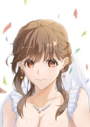 1girl amagami breasts bridal_veil brown_eyes brown_hair cleavage closed_mouth collarbone commentary_request earrings frills jewelry large_breasts looking_at_viewer medium_hair morimonison official_alternate_costume sakurai_rihoko solo upper_body veil