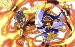 Rule 34 | 1990s (style), 1girl, :o, absurdres, antenna hair, armor, blue boots, blue dress, blue gloves, blue hat, boots, breath weapon, breathing fire, brown hair, cape, cardcaptor sakura, dot nose, dress, fire, gloves, green eyes, hair intakes, hand grab, hat, hat ornament, highres, hoshi no tsue, jester cap, kerberos, kinomoto sakura, kinomoto sakura (blue star costume), lion, looking at viewer, magical girl, official art, open mouth, retro artstyle, scan, serious, short hair, simple background, star (symbol), star hat ornament, takahashi kumiko, thigh boots, white background, white cape, yellow wings