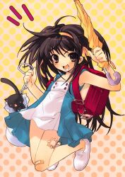1girl absurdres aged_down animal backpack bag black_cat blue_dress blush bob_cut brown_eyes brown_hair cat dress full_body gauze gauze_on_leg gradient_background hairband highres holding holding_umbrella ito_noizi looking_at_viewer medium_hair notice_lines open_mouth orange_hairband polka_dot polka_dot_background randoseru red_bag shoes smile solo suzumiya_haruhi suzumiya_haruhi_no_yuuutsu third-party_source two-tone_dress umbrella white_dress white_shoes