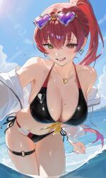 1girl bikini black_bikini blue_sky breasts cleavage cloud commentary day earrings eyewear_on_head halterneck heart heart-shaped_eyewear heart_earrings heart_necklace heterochromia highres hololive houshou_marine houshou_marine_(summer) iood jacket jewelry large_breasts long_hair necklace ocean open_mouth outdoors partially_submerged ponytail purple-tinted_eyewear red_eyes red_hair side-tie_bikini_bottom sky smile solo string_bikini sunglasses swimsuit symbol-only_commentary tinted_eyewear virtual_youtuber wet white_jacket yellow_eyes