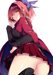 1girl ass ass_focus black_shirt blue_bow blush bow cloak closed_mouth hair_between_eyes hair_bow highres long_sleeves pleated_skirt red_cloak red_eyes red_hair red_skirt sakurame sekibanki shirt short_hair simple_background skirt solo touhou white_background