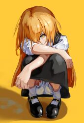 1girl black_dress black_shoes blonde_hair bloomers dress hair_over_one_eye kirisame_marisa kneeling long_dress long_hair looking_at_viewer mary_janes sashimi_oniku shirt shoes short_sleeves simple_background socks solo touhou underwear very_long_hair white_bloomers white_shirt white_socks yellow_background yellow_eyes