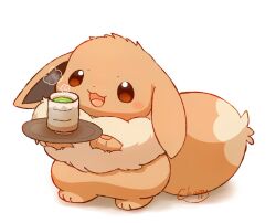 artist_name brown_eyes commentary_request cup eevee gen_1_pokemon green_tea mimix nintendo no_humans open_mouth pokemon pokemon_(creature) shadow simple_background smile solo standing tea white_background yunomi