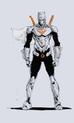 1boy armor batman batman_(series) black_bodysuit bodysuit boots clenched_hands dc_comics dexter_soy gloves grey_background highres knee_boots looking_at_viewer male_focus mask shadow sketch solo straight-on superhero_costume sword sword_on_back weapon weapon_on_back white_armor white_boots white_eyes white_gloves