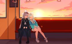2girls aqua_hair aqua_shirt arona_(blue_archive) bare_legs black_choker black_coat black_hairband black_pantyhose black_sailor_collar black_serafuku blue_archive bow bow_hairband bowtie braid choker cloud cloudy_sky coat commentary full_body gradient_sky hair_bow hair_over_one_eye hairband hands_on_own_thighs high-waist_skirt highres lens_flare light_particles long_hair medium_hair multiple_girls open_clothes open_coat pantyhose plana_(blue_archive) pleated_skirt sailor_collar school_uniform serafuku shirt shirt_tucked_in shoes single_braid sitting skirt sky sleeping sneakers sunset symbol-only_commentary tah_noey train_interior white_bow white_bowtie white_choker white_hairband white_sailor_collar white_shoes white_skirt