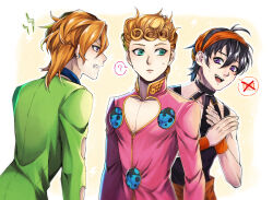 3boys ? black_hair blonde_hair bug cleavage_cutout clothing_cutout giorno_giovanna green_eyes headband highres jojo_no_kimyou_na_bouken ladybug_ornament lightning_bolt_symbol male_focus multiple_boys narancia_ghirga pannacotta_fugo purple_eyes renren_(suiren-ame) spoken_question_mark vento_aureo wing_ornament wristband