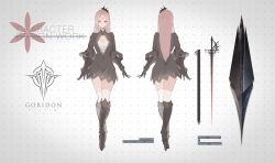 Rule 34 | 1girl, armored boots, black boots, black crown, black dress, black gloves, boots, breasts, character request, cleavage, cleavage cutout, clothing cutout, commentary request, cross-laced clothes, cross-laced dress, crown, dress, english text, frilled sleeves, frills, from behind, gloves, high heel boots, high heels, highres, hkj0230, knee boots, long hair, long sleeves, mini crown, multiple views, pink hair, pixiv fantasia, pixiv fantasia t, reference sheet, shirt, shirt under dress, short dress, standing, straight-on, straight hair, sword, three-quarter sleeves, weapon, white background, white shirt
