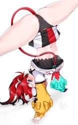 Rule 34 | 1girl, absurdres, asymmetrical sleeves, black panties, black skirt, black streaks, black tube top, blue eyes, blush, breasts, cameltoe, collar, commentary, commission, crop top, english commentary, hakos baelz, hakos baelz (1st costume), handstand, highres, hololive, hololive english, large breasts, looking at viewer, mismatched sleeves, mouse girl, mouse tail, multicolored skirt, navel, panties, pantyshot, pleated skirt, red hair, red skirt, shirt, skirt, solo, soup (soupysoull), spiked collar, spikes, spread legs, strapless, sweat, tail, tube top, underwear, upside-down, virtual youtuber, white shirt, white skirt, white streaks