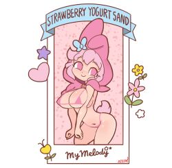 Rule 34 | 1girl, absurdres, animal ear headwear, animal ears, armpit crease, artist name, bikini, blue bow, border, bow, breasts, breasts squeezed together, character name, derivative work, english text, fake animal ears, flower, heart, highres, hood, large breasts, minuspal, my melody, navel, onegai my melody, personification, pink bikini, pink eyes, pink hair, pink hood, rabbit ears, rabbit tail, sanrio, short hair, smile, solo, star (symbol), string bikini, swimsuit, tail, white border