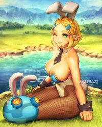 1girl animal_ears black_necktie blonde_hair braid breasts chuchu_(zelda) closed_mouth commentary crown_braid detached_collar english_commentary fake_animal_ears fishnet_pantyhose fishnets green_eyes hair_ornament hairclip highleg highleg_leotard large_breasts leotard looking_at_viewer mystra77 necktie nintendo one_eye_closed outdoors pantyhose playboy_bunny pointy_ears rabbit_ears short_necktie sitting smile solo strapless strapless_leotard the_legend_of_zelda the_legend_of_zelda:_breath_of_the_wild thick_eyebrows