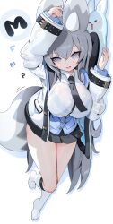 1girl animal_ears arm_up black_necktie black_skirt blue_bra blue_cardigan bra breasts cardigan double-parted_bangs fox_ears fox_girl fox_tail grey_eyes grey_hair hair_between_eyes highres jacket large_breasts long_hair looking_at_viewer lying mamuru miniskirt necktie on_side open_mouth original pleated_skirt purple_nails see-through_clothes see-through_shirt shirt sideways skirt socks solo tail thighs underwear very_long_hair white_jacket white_shirt white_socks