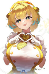 1girl four-finger_heart_hands absurdres blonde_hair blue_eyes blush bombergirl breasts grenade_hair_ornament heart heart_hands highres large_breasts looking_at_viewer maid_headdress medium_hair pine_(bombergirl) portrait shirt smile solo tongari_kin white_background white_shirt