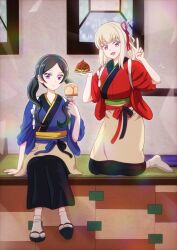 2girls asukamama89 black_hair blonde_hair blue_hakama blunt_bangs cafe cake chocolate commission crossover food geta hair_ribbon hair_tie hakama highres holding holding_food holding_plate japanese_clothes kimi_to_idol_precure kimono kneeling low_twintails lycoris_recoil mature_female medium_hair meroron_(civilian)_(precure) meroron_(precure) multiple_girls one_side_up parody parted_bangs pixiv_commission plate precure purirun_(civilian)_(precure) purirun_(precure) purple_eyes red_eyes red_hakama ribbon sitting socks sweets tatami tiles twintails wagashi white_socks window