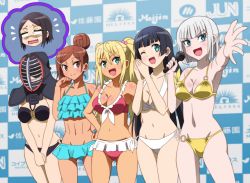 5girls bikini black_hair blonde_hair breasts brown_hair commentary_request dumbbell_nan_kilo_moteru? fang female_focus gina_boyd hair_bun kendo_mask lineup microphone mole mole_under_eye multiple_girls navel onomekaman ruffle_bikini sakura_hibiki silver_hair single_hair_bun souryuuin_akemi standing swimsuit tachibana_satomi uehara_ayaka_(danberu_nan_kiro_moteru?)