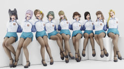 3d 6+girls absurdres armbinder arms_behind_back ball_gag bdsm blender_(medium) blonde_hair bondage bound box-tie_armbinder brown_eyes brown_hair dead_or_alive dead_or_alive_xtreme dead_or_alive_xtreme_venus_vacation dress_shirt fiona_(doa) gag gagged garter_straps grey_eyes helena_douglas highres hitomi_(doa) indigo_hair kokoro_(doa) legs legs_together lei_fang long_hair looking_at_viewer misaki_(doa) monica_(doa) multiple_girls nao_(pixiv_5120470) nyotengu pantyhose shirt shuubaru simple_background sitting skirt smnv47 tamaki_(doa) thighhighs white_background