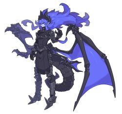 1boy armor armored_boots armored_footwear ashtoreth_(inu_fuji) black_armor black_horns black_pants black_pelvic_curtain black_scales black_sclera black_tail blue_eyes blue_hair blue_skin blue_wings boots bracelet breastplate claws closed_mouth colored_sclera colored_skin curtained_hair dragon_boy dragon_horns dragon_tail dragon_wings fingernails full_body furrowed_brow greaves hair_between_eyes hair_blowing hair_lift hand_up horns inu_fuji jewelry long_hair long_tail looking_to_the_side low_wings male_focus messy_hair monster_boy multiple_wings original pants pelvic_curtain pointy_ears scales sharp_fingernails shoulder_armor sidelocks simple_background slit_pupils solo spiked_bracelet spikes standing tail very_long_hair white_background wind wind_lift wings
