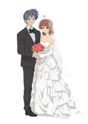 Rule 34 | 1boy, 1girl, absurdres, antenna hair, bare shoulders, black bow, black bowtie, black suit, blue eyes, blue hair, bouquet, bow, bowtie, breasts, bridal veil, bride, brown eyes, brown hair, chinese commentary, clannad, cleavage, closed mouth, collarbone, collared shirt, commentary request, couple, dress, elbow gloves, flower, formal clothes, full body, furukawa nagisa, gloves, groom, hetero, highres, holding hands, jewelry, light blush, lipstick, long dress, long sleeves, looking at viewer, makeup, medium breasts, medium hair, mogege gk, okazaki tomoya, red flower, red rose, ring, rose, shirt, short hair, simple background, standing, strapless, strapless dress, suit, veil, wedding, wedding dress, wedding ring, white background, white dress, white gloves, white shirt