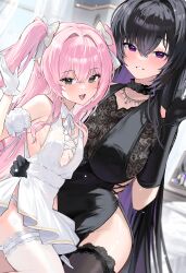 Rule 34 | 2girls, :d, absurdres, black dress, black gloves, black hair, bow, breasts, commentary, curtains, dress, elbow gloves, gloves, goddess of victory: nikke, grey eyes, grin, gurami (zangizarang), hair bow, highres, indoors, jewelry, large breasts, mihara (nikke), mole, mole under mouth, multiple girls, necklace, open mouth, pelvic curtain, photo (object), pink hair, purple eyes, sideboob, small breasts, smile, syuen (nikke), two side up, wardress (nikke), white bow, white dress, white gloves, window, yuni (nikke)