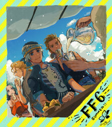 1girl 3boys bare_shoulders black_jacket blonde_hair blue_eyes closed_mouth cup dated detached_sleeves dress earrings edgar_roni_figaro final_fantasy final_fantasy_vi food fruit green_hair grey_hair headscarf highres holding holding_cup holding_pitcher jacket jewelry lemon lemon_slice lemonade locke_cole low_ponytail multiple_boys parted_bangs pitcher_(container) ponytail pouring print_shirt red_dress red_sleeves sabin_rene_figaro sash shirt short_hair sleeveless sleeveless_shirt smile strapless strapless_dress tina_branford tube_dress twitter_username uedymummy0921 upper_body waist_sash wavy_hair