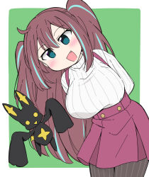 Rule 34 | akoya matama, arm behind back, black pantyhose, border, breasts, brown hair, commentary request, fang, green background, green eyes, highres, large breasts, looking at viewer, mahou shoujo ni akogarete, pantyhose, rainbowcard, red skirt, shirt, skirt, smile, star (symbol), tagme, venalita, white border, white shirt, yellow eyes
