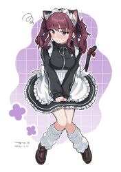 1girl alternate_costume animal_ear_fluff animal_ears apron binchou_maguro black_dress black_jacket blunt_bangs blush bow breasts brown_shoes cat_ears cat_tail cevio closed_mouth commentary_request dated dress enmaided frilled_apron frilled_dress frills full_body grid_background jacket jersey_maid kemonomimi_mode kneehighs knees_together_feet_apart large_breasts long_sleeves looking_at_viewer maid maid_headdress medium_hair natsuki_karin outline purple_background red_bow red_hair shoes signature socks solo sweatdrop synthesizer_v tail tail_bow tail_ornament track_jacket twintails unconventional_maid white_apron white_background white_outline white_socks zipper
