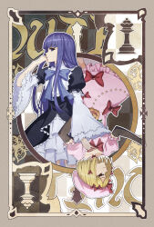 Rule 34 | absurdres, black gloves, blonde hair, blue eyes, blue hair, border, bow, butterfly background, card (medium), checkered background, chess piece, dress, expressionless, frederica bernkastel, frilled dress, frilled sleeves, frills, gloves, grey border, hair bow, hand on own chin, hat, hat bow, highres, jack-o&#039;-lantern ornament, lambdadelta, looking at viewer, midorin 567, orange eyes, paper texture, pink dress, polar opposites, queen (chess), speech bubble, symmetry, tarot, tarot (medium), umineko no naku koro ni