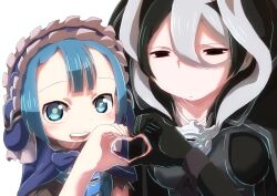 Rule 34 | 1boy, 1girl, black cloak, black eyes, black gloves, black hair, blue bow, blue bowtie, blue capelet, blue eyes, blue hair, bow, bowtie, breasts, capelet, cloak, closed mouth, collarbone, expressionless, gloves, heart, heart hands, heart hands duo, large breasts, looking at viewer, made in abyss, maid, maid headdress, maruruk, ozen, puffy short sleeves, puffy sleeves, short hair, short sleeves, simple background, smile, trap, whistle, whistle around neck, white background, white hair, ximu shilang, yellow pupils