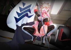 Rule 34 | 1girl, alternate costume, black gloves, blue archive, breasts, crazyskull, demon horns, fingerless gloves, flag, gehenna academy logo, gloves, halo, high heels, highleg, highleg leotard, highres, holding, holding flag, horns, huge breasts, leotard, long hair, looking at viewer, multicolored thighhighs, open mouth, pink hair, race queen, red halo, red horns, satsuki (blue archive), shrug (clothing), solo, spread legs, squatting, super highleg, very long hair