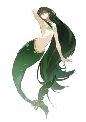Rule 34 | 1girl, absurdres, arm behind head, armlet, armpits, bare arms, bare shoulders, bikini, closed mouth, commentary request, earrings, expressionless, fins, fish tail, full body, green bikini, green eyes, green hair, green tail, hair between eyes, highres, jewelry, light frown, long hair, mermaid, mermaid melody pichi pichi pitch, monster girl, morgue (southsakura), navel, necklace, ribs, shell, shell bikini, shell necklace, simple background, skinny, solo, stomach, strapless, strapless bikini, swimsuit, tail, tail ornament, tail ring, touin rina, touin rina (mermaid), very long hair, wavy hair, white background