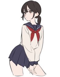 1girl black_hair blue_sailor_collar blue_skirt blush bow breasts brown_eyes closed_mouth hair_between_eyes highres kashiwa_(iersansi) long_hair long_sleeves original pleated_skirt ponytail red_bow sailor_collar shirt simple_background skirt solo white_background