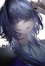 1girl absurdres black_nails blue_hair cigarette collared_shirt crossed_bangs fangs fur-trimmed_jacket fur_trim hair_between_eyes hair_over_one_eye highres holding holding_cigarette ichinose_uruha ichinose_uruha_(4th_costume) jacket long_hair looking_at_viewer lupinus_virtual_games minto_(minto_rururu) open_mouth portrait purple_eyes shirt simple_background single_off_shoulder smoking solo tobacco virtual_youtuber vspo! white_background white_shirt