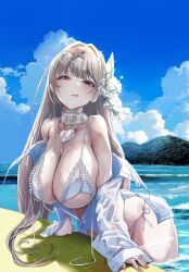 1girl absurdres blue_sky blush breasts disgust fingernails goddess_of_victory:_nikke hair_ornament handkerchief heart heart_necklace highres huge_breasts hyotenka_ichido jewelry long_hair looking_at_viewer mountain necklace ocean red_eyes sharp_fingernails shirt sky starfish starfish_hair_ornament surfboard swimsuit t-shirt viper_(nikke) viper_(shine_of_love)_(nikke) water wet wet_clothes white_hair