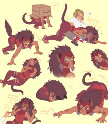 2girls adora animal_ears blue_eyes blush box brown_hair cat_ears cat_girl cat_tail catra claws closed_eyes crawling freckles heterochromia highres in_box in_container lap_pillow masters_of_the_universe multiple_girls murasaki-yuri red_headwear scratching she-ra_and_the_princesses_of_power simple_background tail tongue tongue_out bad_tag yellow_eyes
