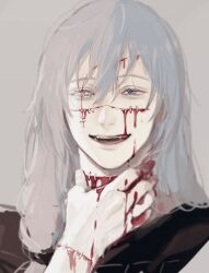 bleeding blood blood_on_face blue_eyes blue_hair eyelashes grey_background hand_on_own_neck heterochromia highres jujutsu_kaisen long_hair mahito_(jujutsu_kaisen) male_focus nonockha portrait stitched_arm stitched_face stitched_neck stitches yellow_eyes