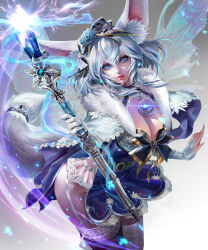 1girl animal_ears belt blue_bow blue_dress blue_eyes bow breasts capelet cleavage cowboy_shot dress flower fox_ears fox_tail fur_trim garter_straps gem glint gloves hair_between_eyes hair_flower hair_ornament hairband highres holding holding_staff jewelry lace lace_trim large_breasts lips looking_at_viewer magic necklace original parted_lips short_dress snowflake_hair_ornament snowflakes solo staff tail thighhighs white_gloves wings yoda_(ayanamikodon)