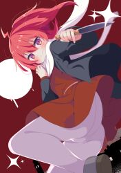 Rule 34 | 1girl, absurdres, ahoge, ass, black jacket, blush, borrowed character, closed mouth, commission, dagger, dress, grey shoes, hair between eyes, highres, holding, holding knife, holding weapon, jacket, knife, long hair, long sleeves, looking at viewer, medium hair, open clothes, open jacket, original, panties, panties under pantyhose, pantyhose, ponytail, purple eyes, red background, red dress, red eyes, red hair, scarf, shiro9jira, shoes, skeb commission, smile, solo, sparkle, underwear, upskirt, weapon, white panties, white pantyhose, white scarf