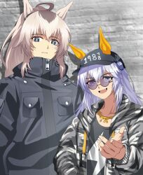 2girls absurdres ahoge alternate_costume animal_ears bandaid bandaid_on_face baseball_cap bbreaad black_hat black_jacket black_shirt black_shorts blue_eyes camouflage camouflage_jacket closed_mouth commentary_request cowboy_shot drawstring ear_covers fang gold_necklace grey_hair hand_in_pocket hat highres horse_ears horse_girl horse_tail jacket jewelry lightning_bolt_symbol long_hair long_sleeves looking_at_viewer multiple_girls necklace official_alternate_costume official_alternate_hairstyle oguri_cap_(umamusume) ponytail shirt shorts skin_fang smile standing sunglasses tail tamamo_cross_(umamusume) umamusume umamusume:_cinderella_gray zipper