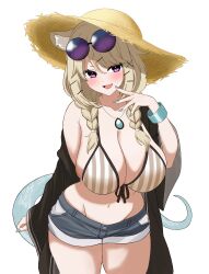 Rule 34 | 1girl, absurdres, animal ear fluff, animal ears, aqua nails, arknights, bangle, bikini, bikini top only, blue shorts, blush, bracelet, braid, breasts, brown bikini, cleavage, commentary, cowboy shot, denim, denim shorts, exposed pocket, eyewear on head, fang, groin, hair ornament, hairclip, hand to own mouth, hat, highres, jewelry, large breasts, long hair, looking at viewer, low twin braids, midori10, multicolored bikini, nail polish, navel, necklace, official alternate costume, open mouth, pendant, purple-tinted eyewear, purple eyes, round eyewear, sagging breasts, short shorts, shorts, simple background, smile, snake tail, solo, standing, straw hat, striped bikini, striped clothes, sunglasses, swimsuit, swimsuit cover-up, tail, tinted eyewear, twin braids, two-tone bikini, utage (arknights), utage (summer flowers) (arknights), vertical-striped bikini, vertical-striped clothes, white background, white bikini, x hair ornament, yellow hat